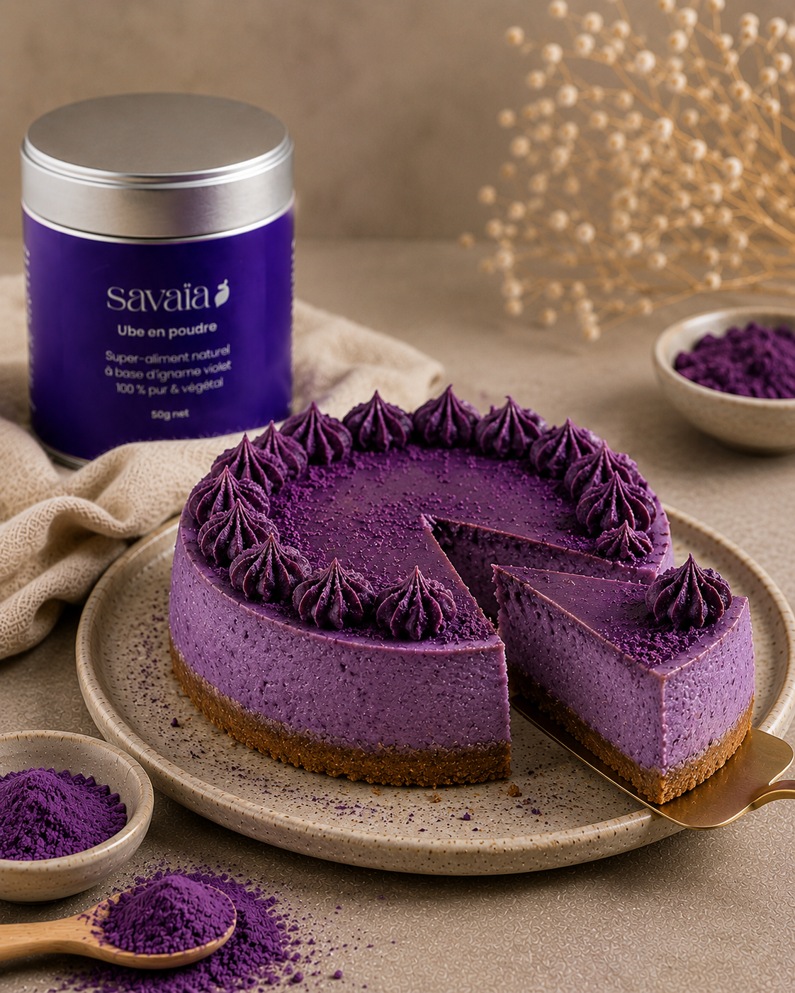 Cheesecake à l'ube — dessert violet crémeux préparé avec la poudre d'ube Savaïa