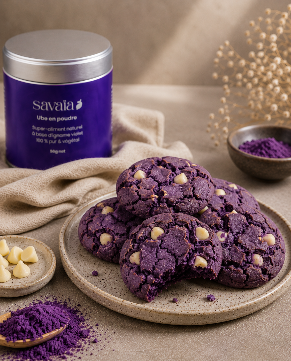 Cookies à l'ube aux pépites de chocolat blanc, recette Savaïa