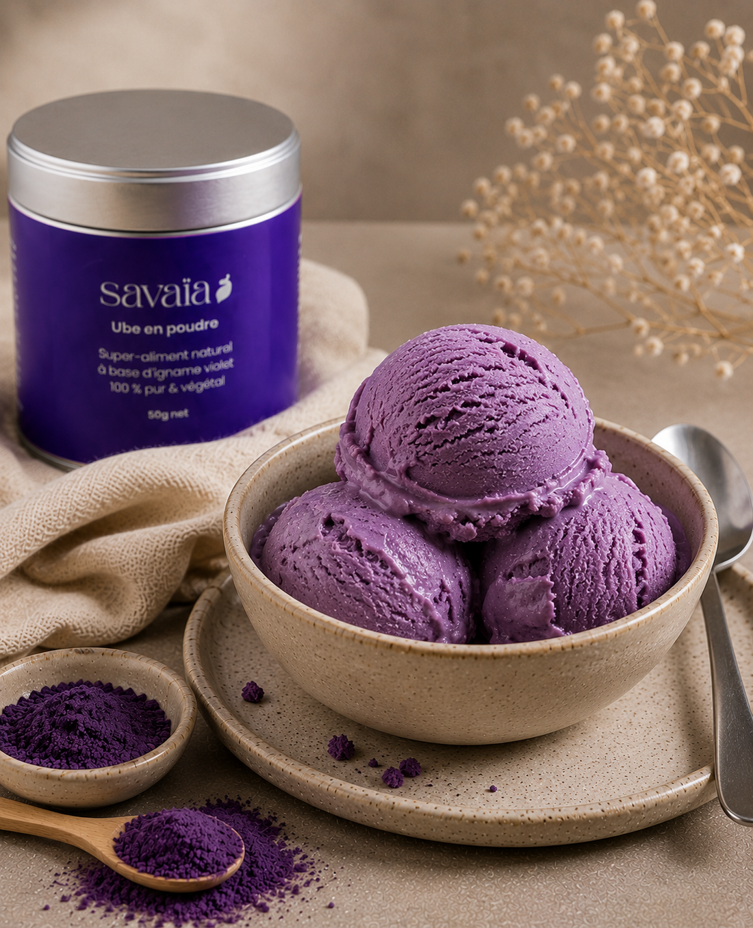 Glace maison à l'ube — trois boules violettes, recette Savaïa