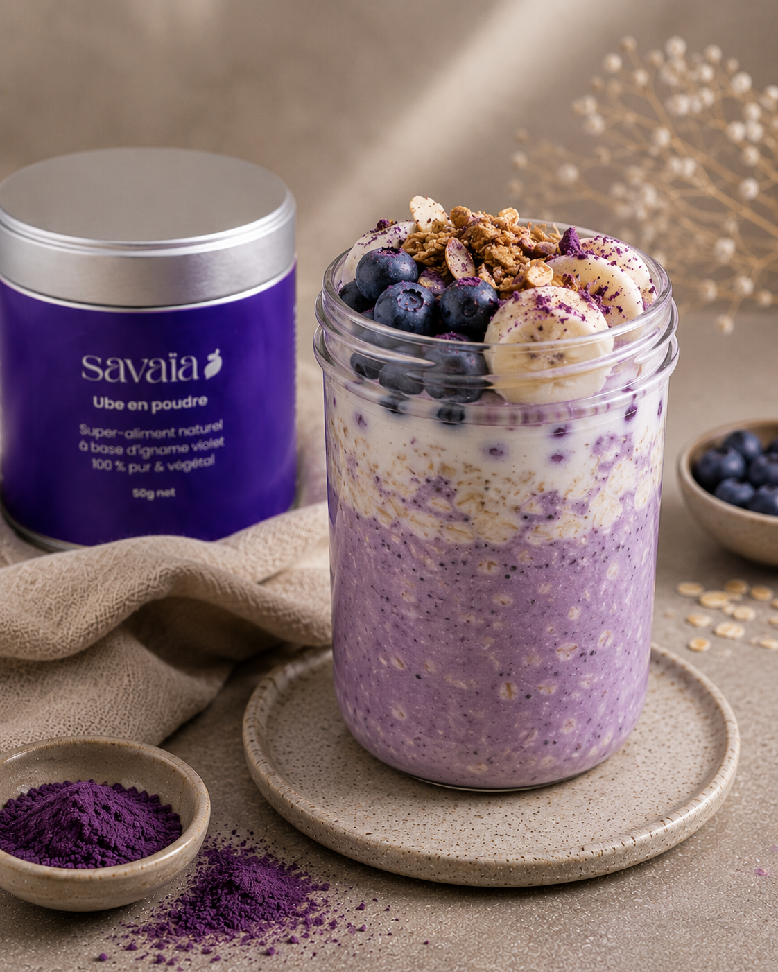 Overnight oats à l'ube aux myrtilles, petit-déjeuner Savaïa