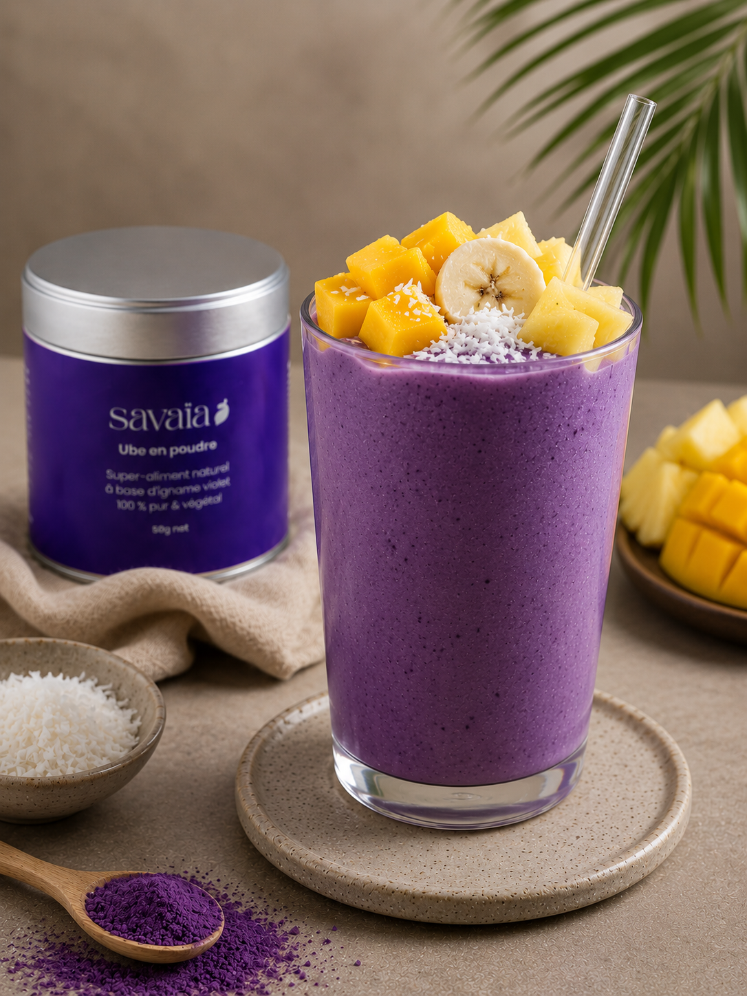 Smoothie tropical à l'ube avec mangue et coco, recette Savaïa