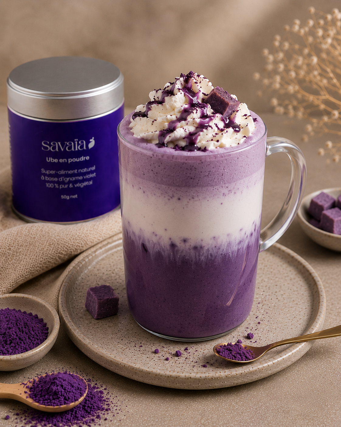 Ube Latte Gourmand — boisson violette crémeuse préparée avec la poudre d'ube Savaïa