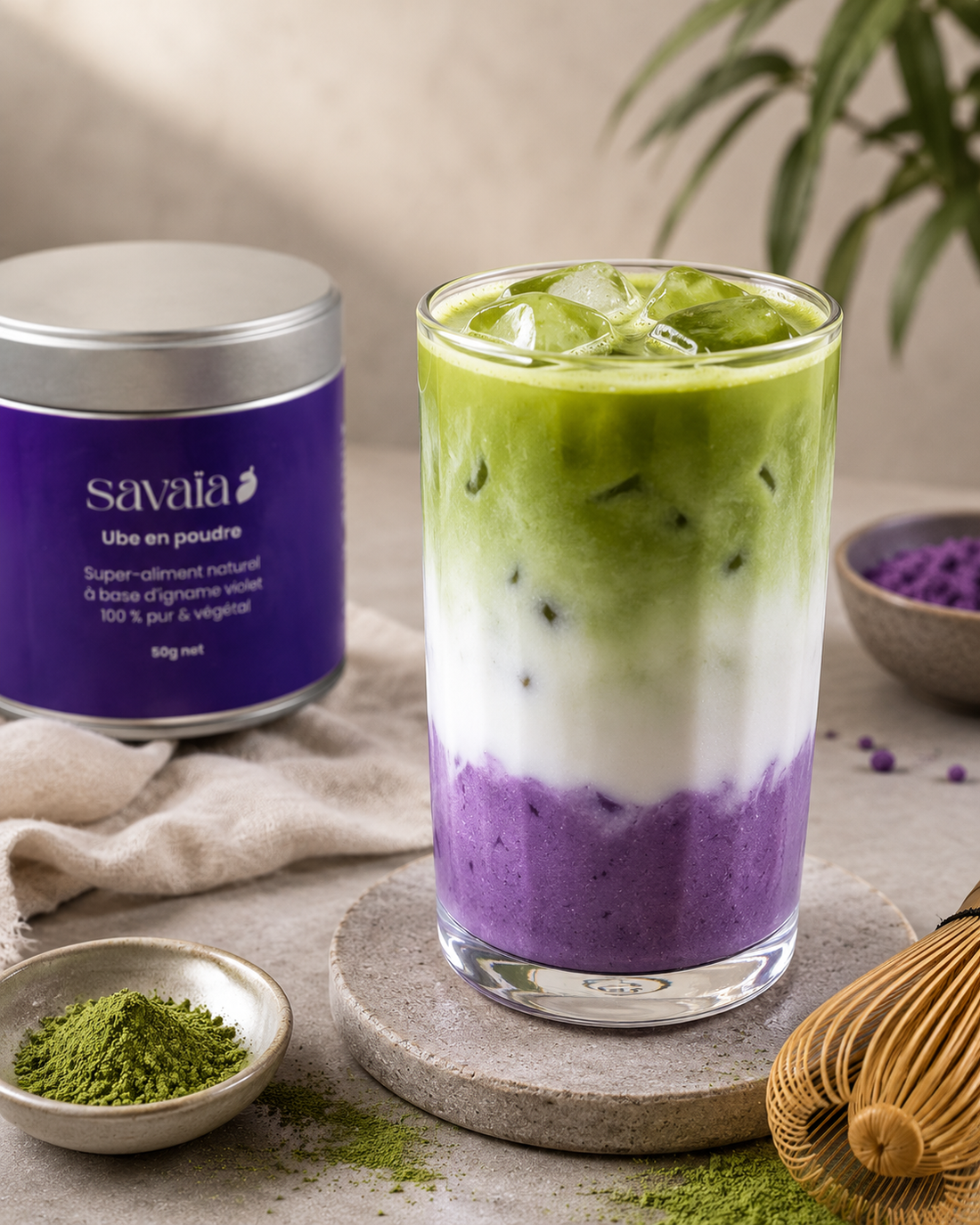 Ube matcha latte aux couches vertes et violettes, recette Savaïa