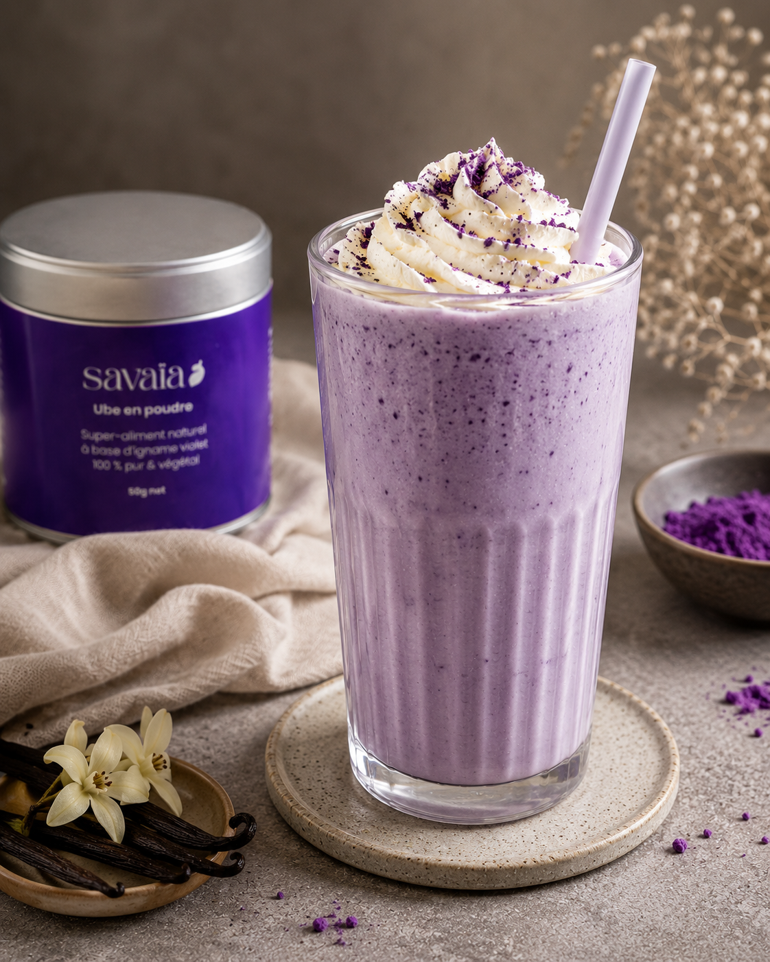 Ube milkshake vanille avec chantilly, recette Savaïa